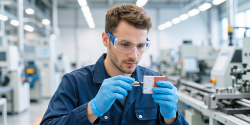 生产车间工艺流程展示，工人正在检查产品质量，精密测量工具整齐摆放，展现严谨的生产管理