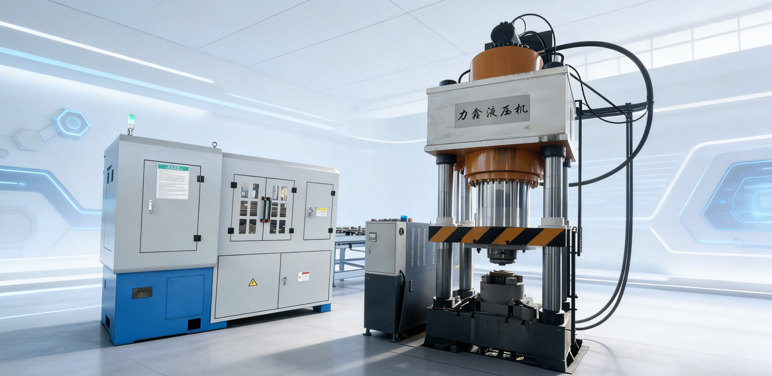 冷挤压加工现场，工人正在操作大型冷挤压设备，金属材料在机器中被精确成型，展现精密制造过程